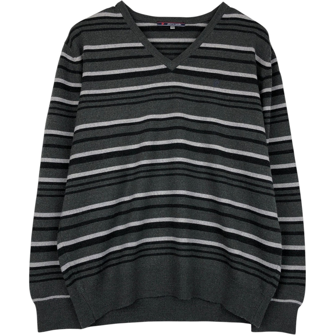 Pierre Cardin striped pattern V-neck acrylic x wool knit sweater, men's size L (approx.) wool gray type Vintage Second Hand