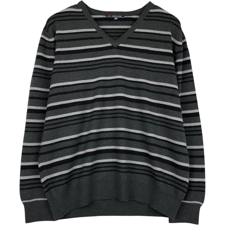 Pierre Cardin striped pattern V-neck acrylic x wool knit sweater, men's size L (approx.) wool gray type Vintage Second Hand