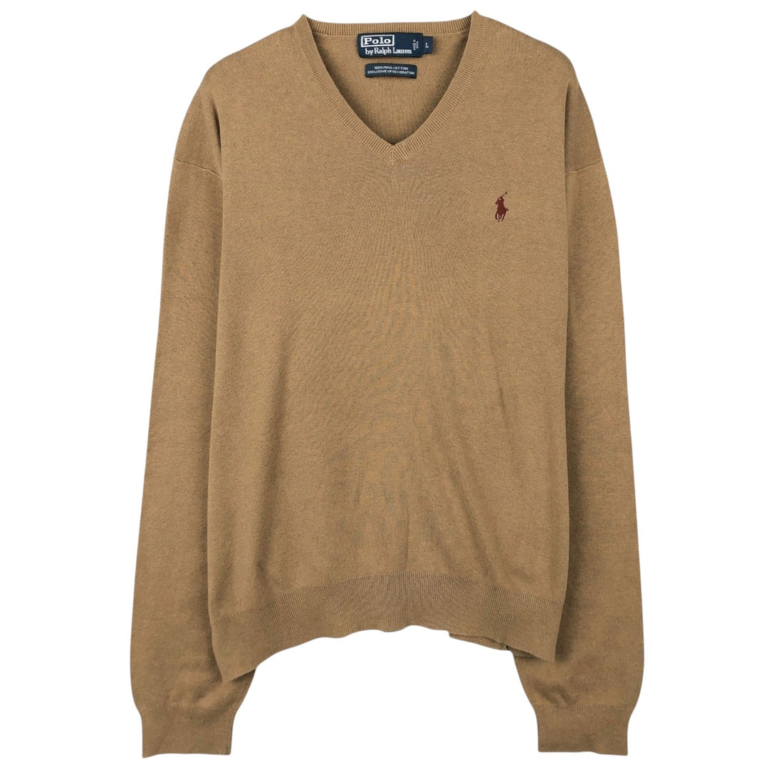 Ralph Lauren POLO by Ralph Lauren V-neck Pima cotton knit sweater, men's size L Pima Cotton Beige type Vintage Second Hand