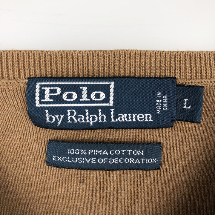 Ralph Lauren POLO by Ralph Lauren V-neck Pima cotton knit sweater, men's size L Pima Cotton Beige type Vintage Second Hand