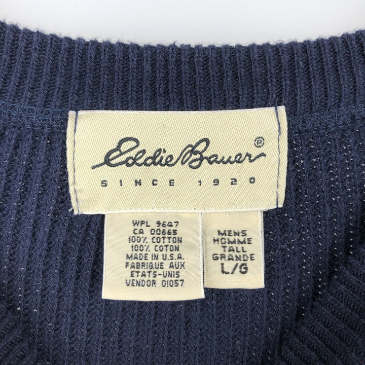 1990'S Eddie Bauer Rib-Knit Cotton Sweater, Made in USA, Men's Size L (Equivalent), Vintage cotton navy blue type Vintage Second Hand