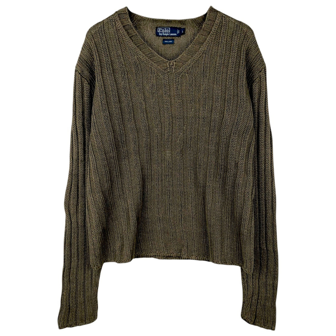 Ralph Lauren POLO by Ralph Lauren Ribbed V-Neck Linen Knit Sweater, Men's Size L (approx.) linen Khaki type Vintage Second Hand