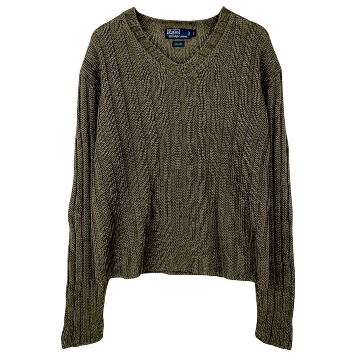 Ralph Lauren POLO by Ralph Lauren Ribbed V-Neck Linen Knit Sweater, Men's Size L (approx.) linen Khaki type Vintage Second Hand