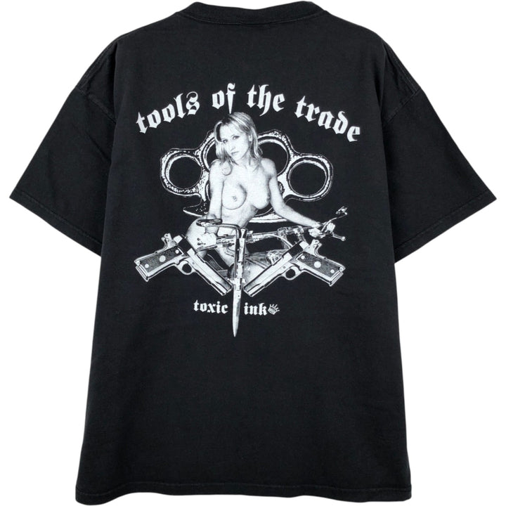 2000'S Delta Pin-up Girl Skull Pattern Erotic T-shirt Motorcycle Bike T-shirt Men's Size L cotton black type Vintage Second Hand
