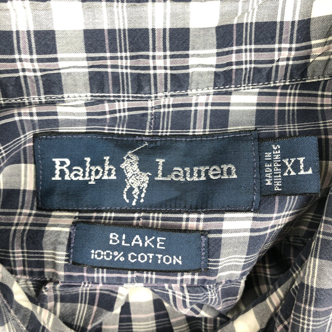 Ralph Lauren BLAKE short sleeve button down check shirt men's XL size cotton navy blue type Vintage Second Hand