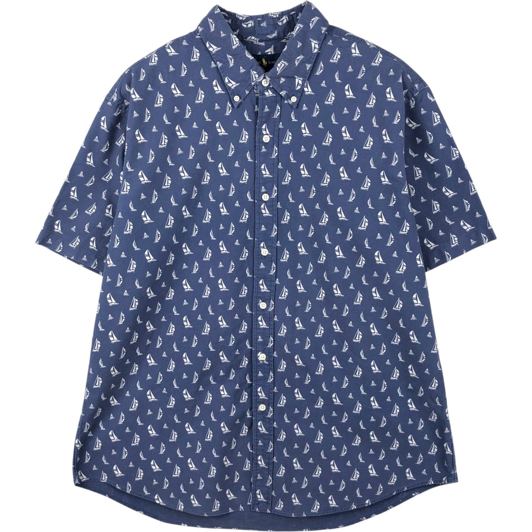 Ralph Lauren SLIM FIT Slim Fit All-Over Print Short-Sleeve Button-Down Shirt, Men's Size XXL (approx.) cotton navy blue type Vintage Second Hand