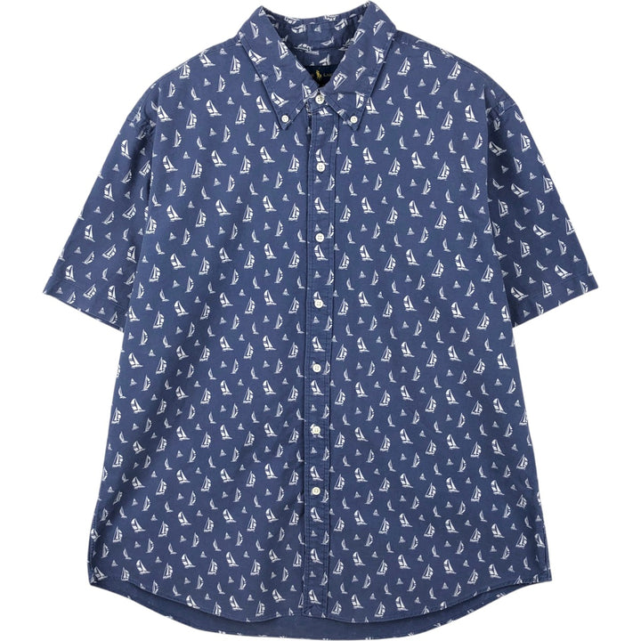 Ralph Lauren SLIM FIT Slim Fit All-Over Print Short-Sleeve Button-Down Shirt, Men's Size XXL (approx.) cotton navy blue type Vintage Second Hand