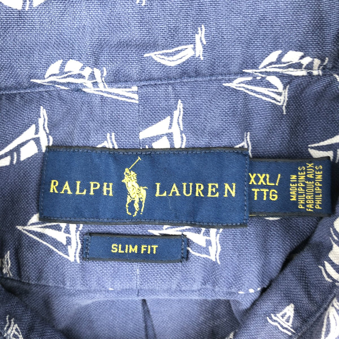 Ralph Lauren SLIM FIT Slim Fit All-Over Print Short-Sleeve Button-Down Shirt, Men's Size XXL (approx.) cotton navy blue type Vintage Second Hand