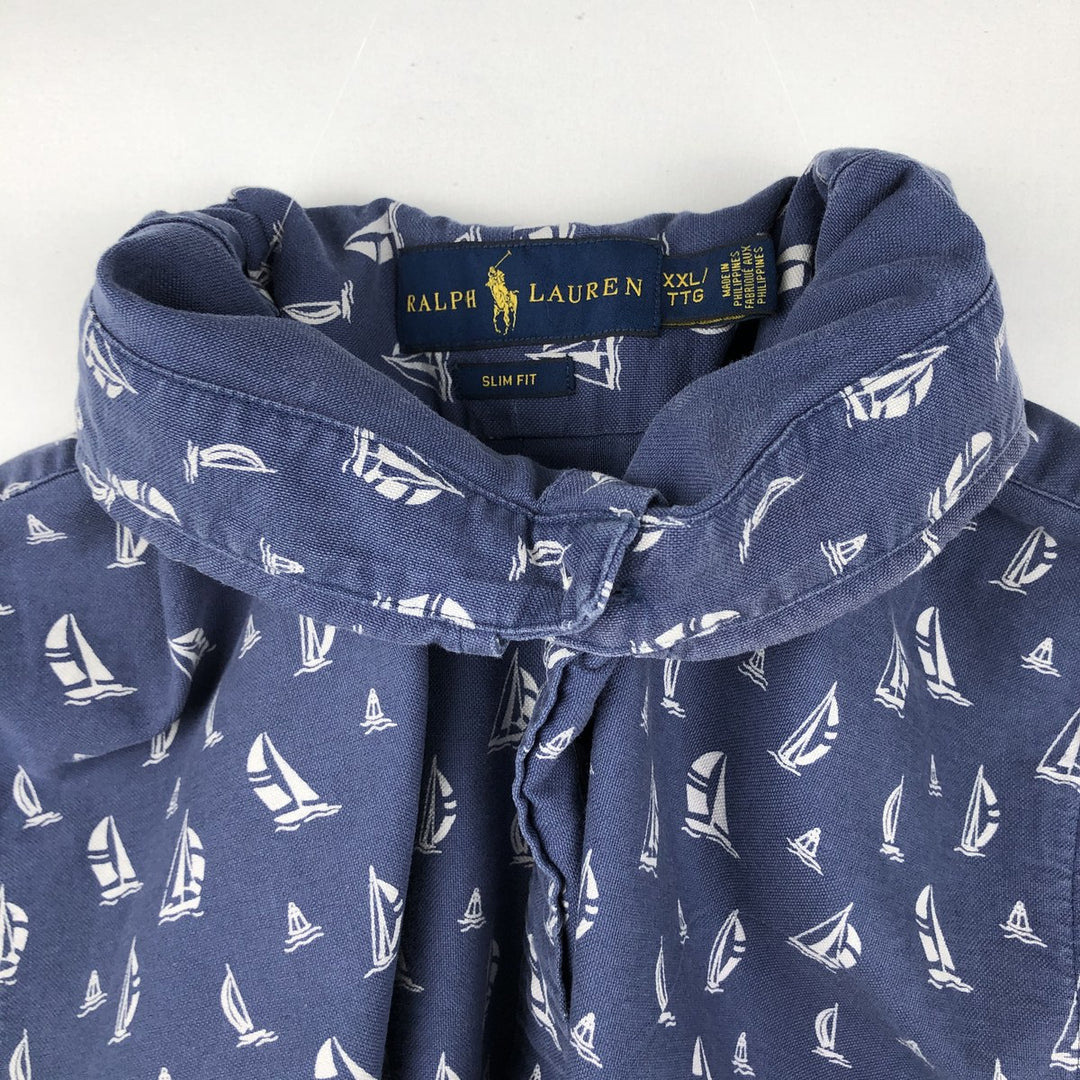 Ralph Lauren SLIM FIT Slim Fit All-Over Print Short-Sleeve Button-Down Shirt, Men's Size XXL (approx.) cotton navy blue type Vintage Second Hand