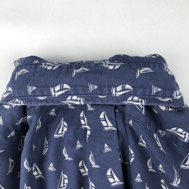 Ralph Lauren SLIM FIT Slim Fit All-Over Print Short-Sleeve Button-Down Shirt, Men's Size XXL (approx.) cotton navy blue type Vintage Second Hand