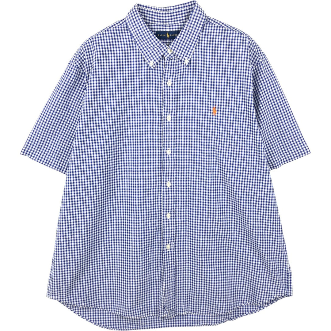 Ralph Lauren gingham check short-sleeved button-down shirt, men's size XXL equivalent. cotton blue type Vintage Second Hand