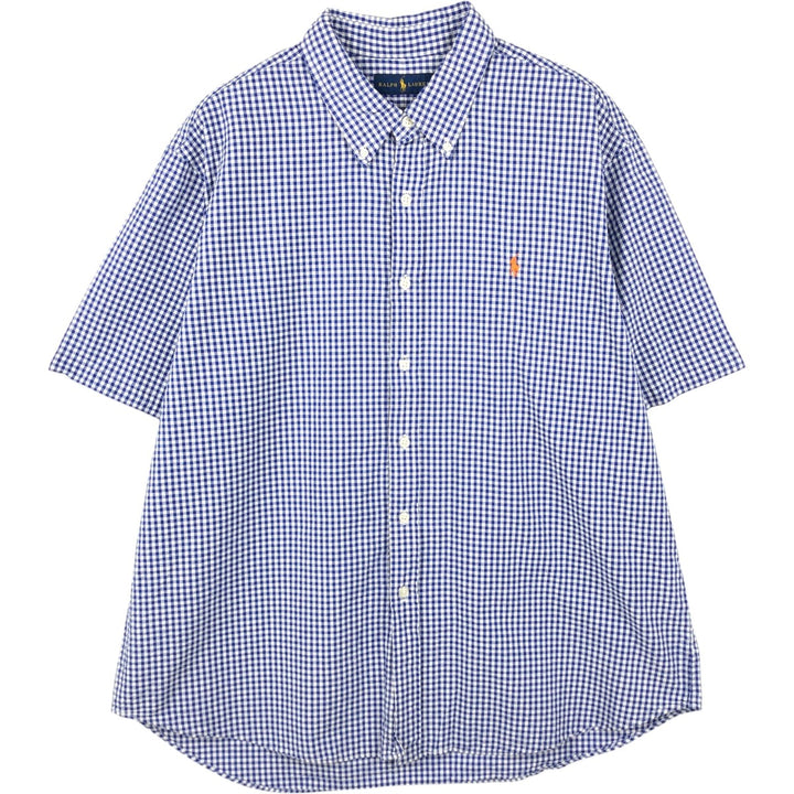Ralph Lauren gingham check short-sleeved button-down shirt, men's size XXL equivalent. cotton blue type Vintage Second Hand