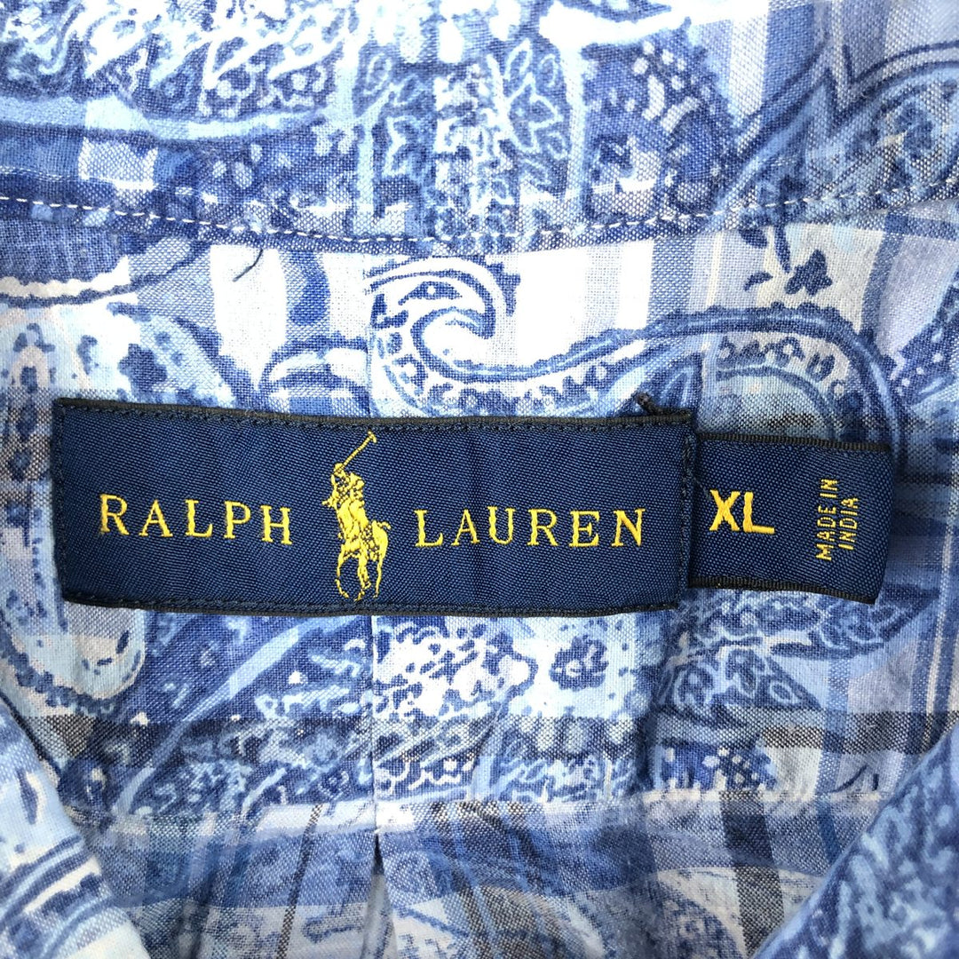 Ralph Lauren RALPH LAUREN all-over check pattern paisley pattern short-sleeved button-down shirt men's size XL equivalent cotton blue type Vintage Second Hand