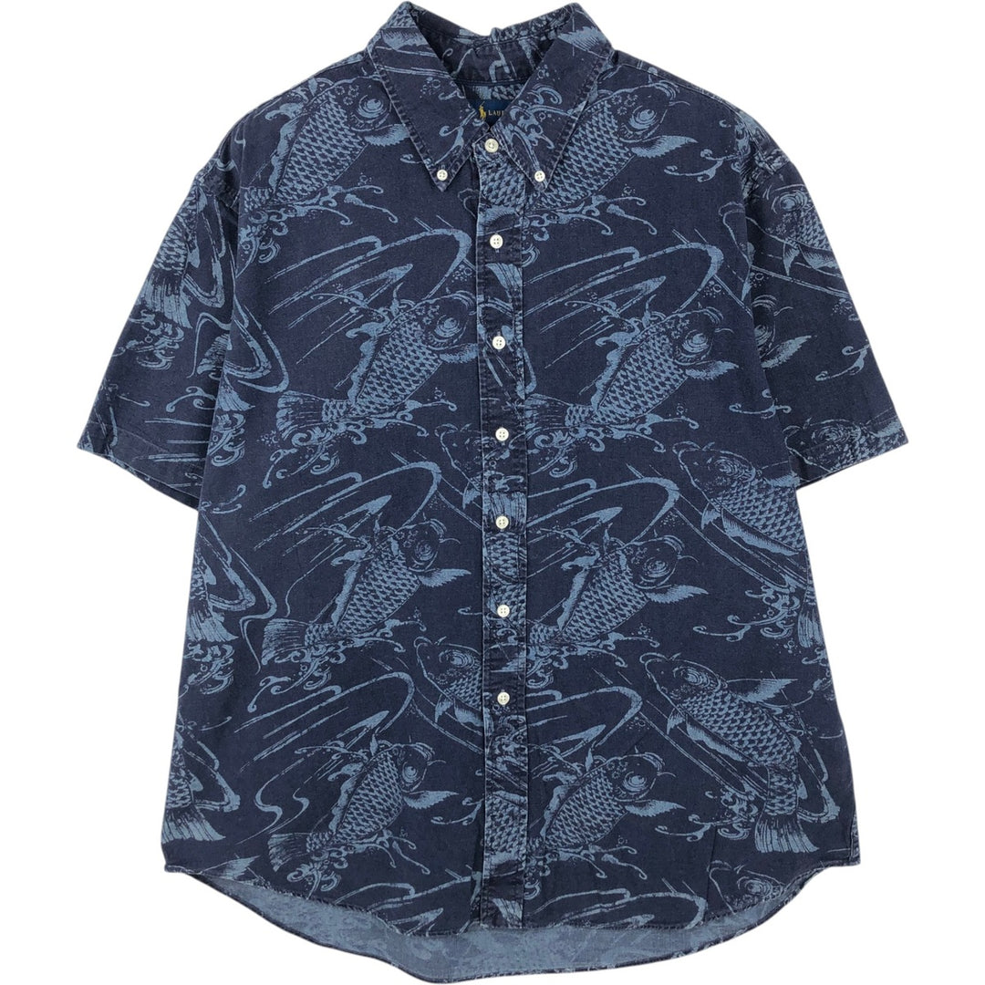 Ralph Lauren SLIM FIT slim fit all-over fish print short-sleeved button-down shirt, men's size XXL equivalent. cotton navy blue type Vintage Second Hand