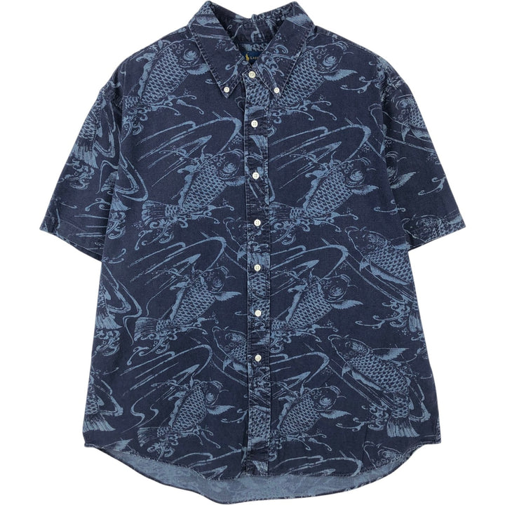 Ralph Lauren SLIM FIT slim fit all-over fish print short-sleeved button-down shirt, men's size XXL equivalent. cotton navy blue type Vintage Second Hand