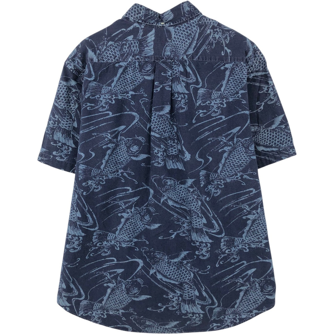 Ralph Lauren SLIM FIT slim fit all-over fish print short-sleeved button-down shirt, men's size XXL equivalent. cotton navy blue type Vintage Second Hand