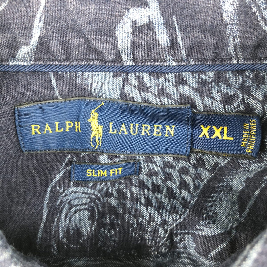 Ralph Lauren SLIM FIT slim fit all-over fish print short-sleeved button-down shirt, men's size XXL equivalent. cotton navy blue type Vintage Second Hand