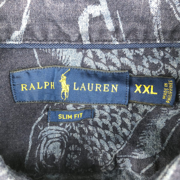 Ralph Lauren SLIM FIT slim fit all-over fish print short-sleeved button-down shirt, men's size XXL equivalent. cotton navy blue type Vintage Second Hand