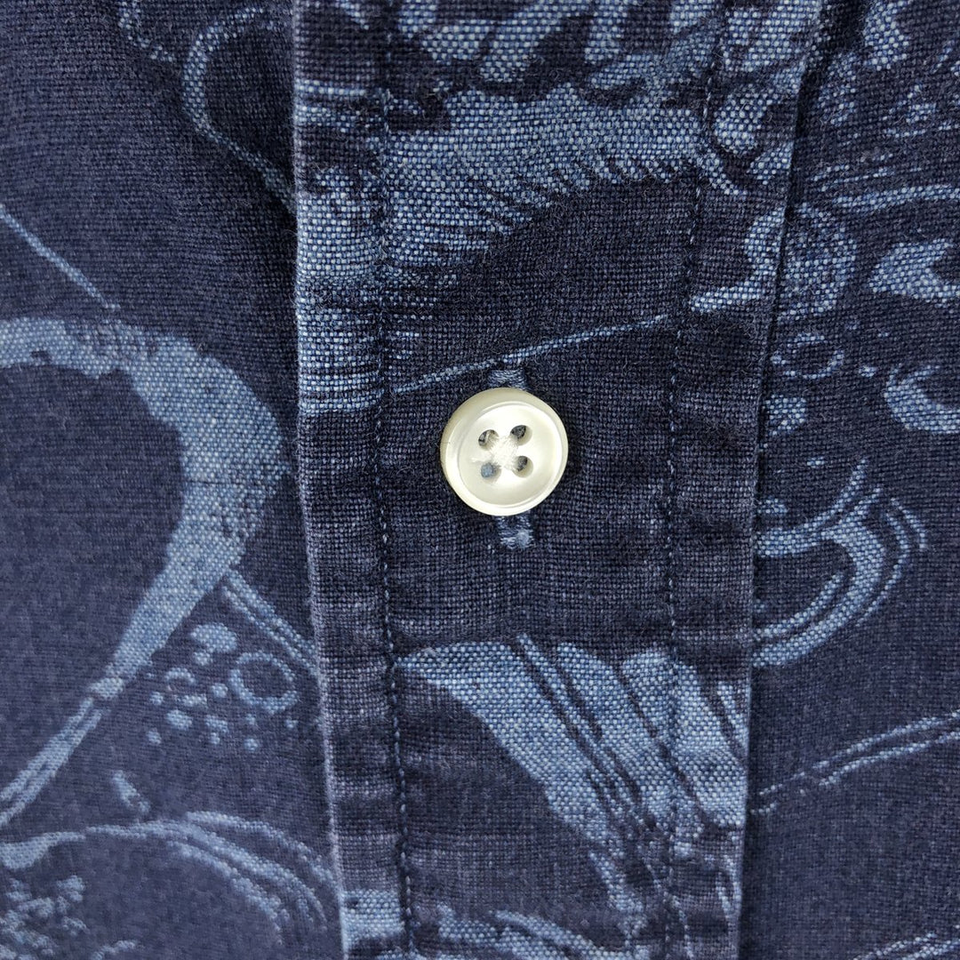 Ralph Lauren SLIM FIT slim fit all-over fish print short-sleeved button-down shirt, men's size XXL equivalent. cotton navy blue type Vintage Second Hand