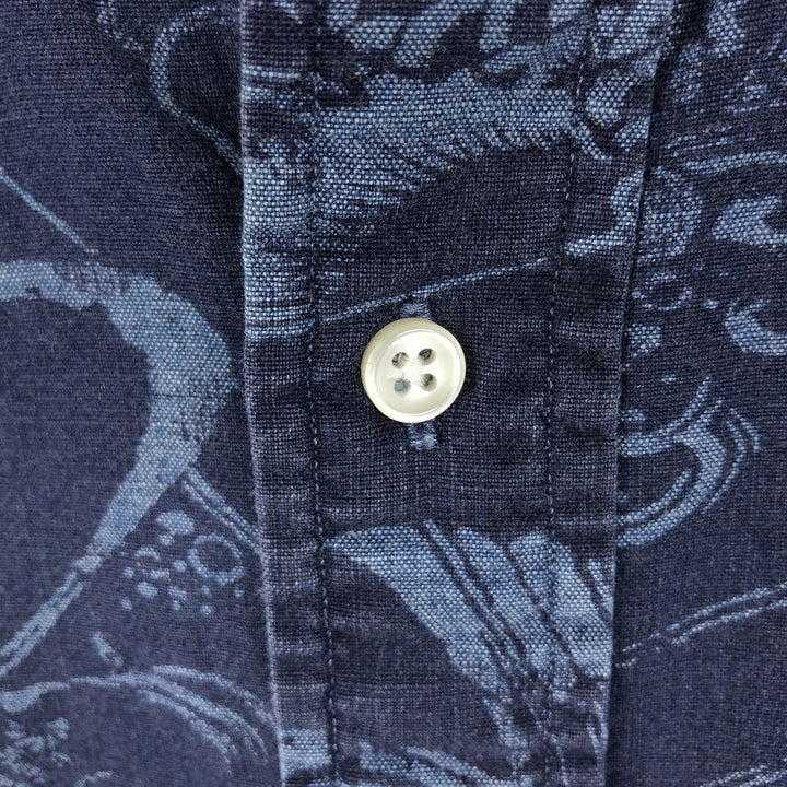 Ralph Lauren SLIM FIT slim fit all-over fish print short-sleeved button-down shirt, men's size XXL equivalent. cotton navy blue type Vintage Second Hand