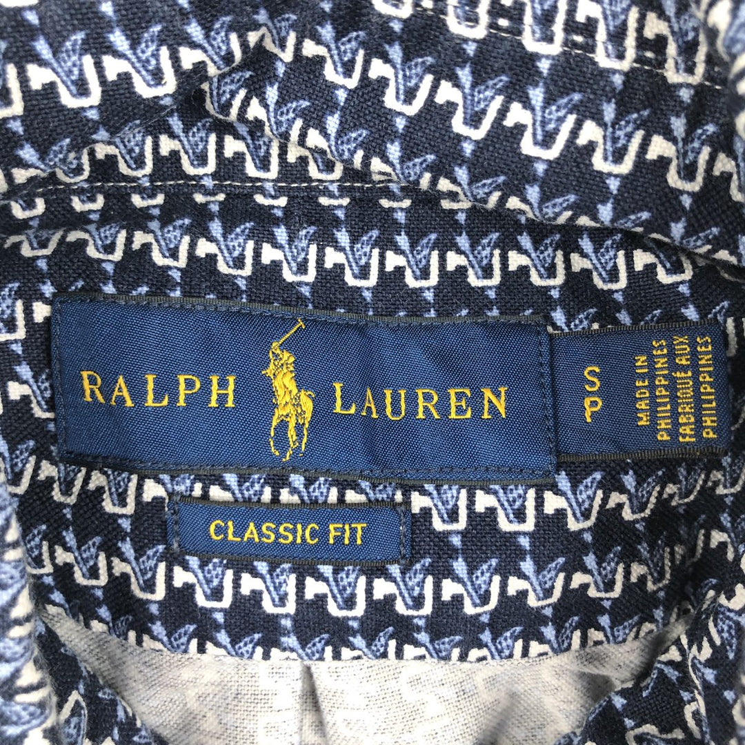 Ralph Lauren CLASSIC FIT all-over print short-sleeved button-down shirt, men's size S (approx.) cotton navy blue type Vintage Second Hand