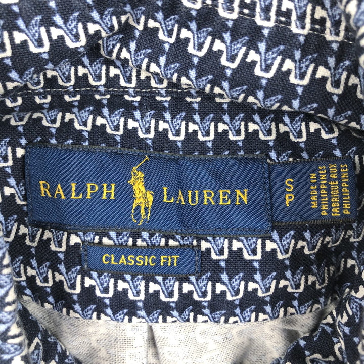Ralph Lauren CLASSIC FIT all-over print short-sleeved button-down shirt, men's size S (approx.) cotton navy blue type Vintage Second Hand