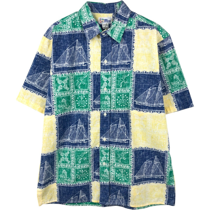 90'S Reyn Spooner swimwear tag, bikini tag, all-over print Hawaiian Aloha shirt, boxy shirt, made in Hawaii, men's size L equivalent. cotton navy blue type Vintage Second Hand