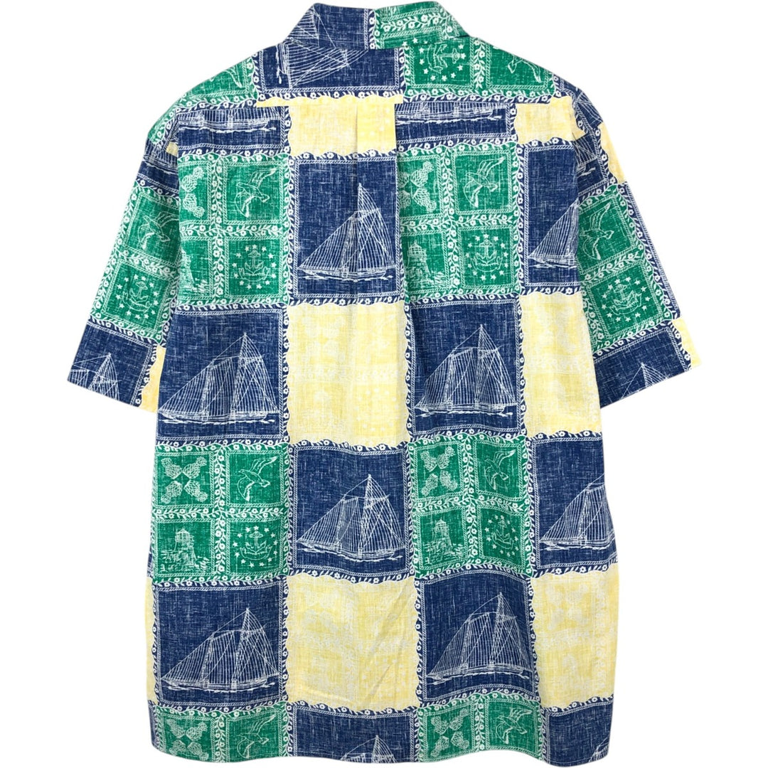90'S Reyn Spooner swimwear tag, bikini tag, all-over print Hawaiian Aloha shirt, boxy shirt, made in Hawaii, men's size L equivalent. cotton navy blue type Vintage Second Hand