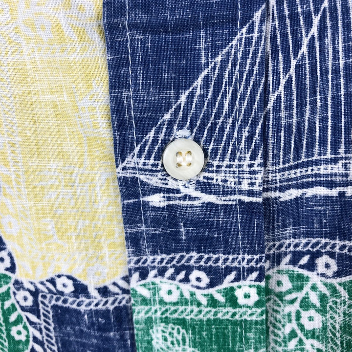 90'S Reyn Spooner swimwear tag, bikini tag, all-over print Hawaiian Aloha shirt, boxy shirt, made in Hawaii, men's size L equivalent. cotton navy blue type Vintage Second Hand