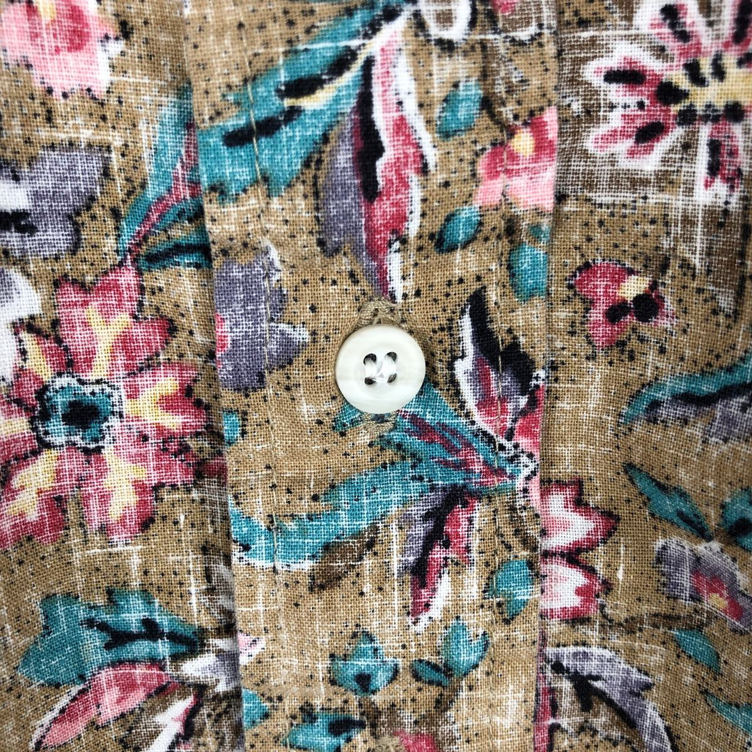 Reyn Spooner swimwear tag, bikini tag, all-over floral print pullover, button-down, aloha shirt, boxy shirt, men's size M. cotton brown type Vintage Second Hand