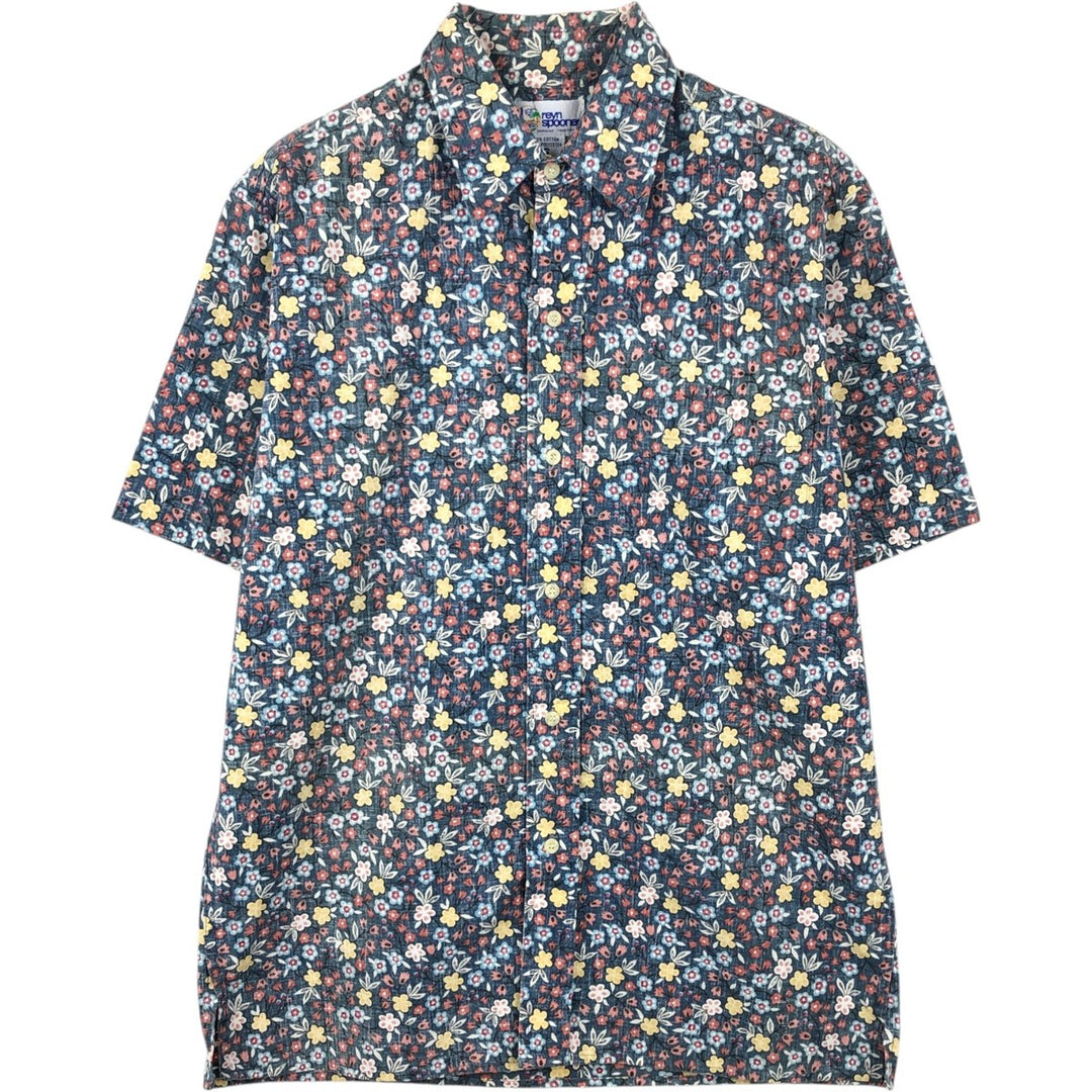 90'S Reyn Spooner swimwear tag, bikini tag, all-over floral print, Hawaiian Aloha shirt, boxy shirt, made in Hawaii, men's size S equivalent. cotton navy blue type Vintage Second Hand