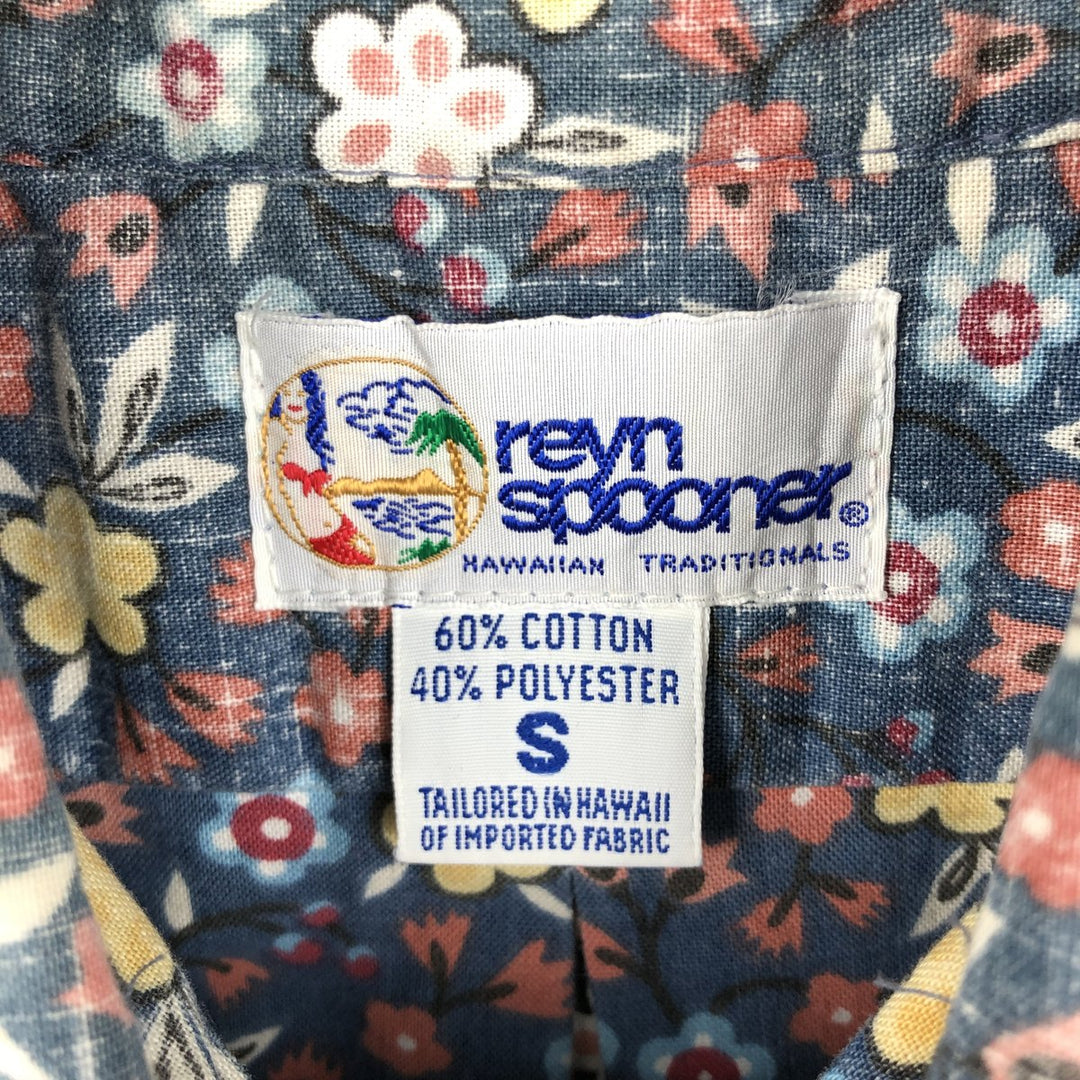 90'S Reyn Spooner swimwear tag, bikini tag, all-over floral print, Hawaiian Aloha shirt, boxy shirt, made in Hawaii, men's size S equivalent. cotton navy blue type Vintage Second Hand