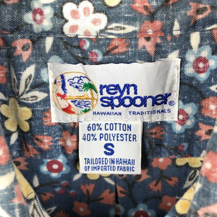 90'S Reyn Spooner swimwear tag, bikini tag, all-over floral print, Hawaiian Aloha shirt, boxy shirt, made in Hawaii, men's size S equivalent. cotton navy blue type Vintage Second Hand