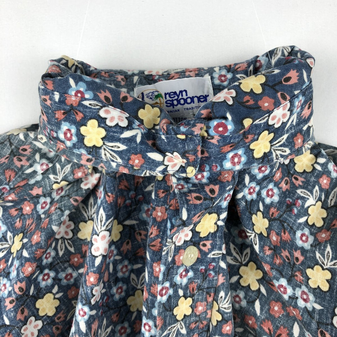 90'S Reyn Spooner swimwear tag, bikini tag, all-over floral print, Hawaiian Aloha shirt, boxy shirt, made in Hawaii, men's size S equivalent. cotton navy blue type Vintage Second Hand
