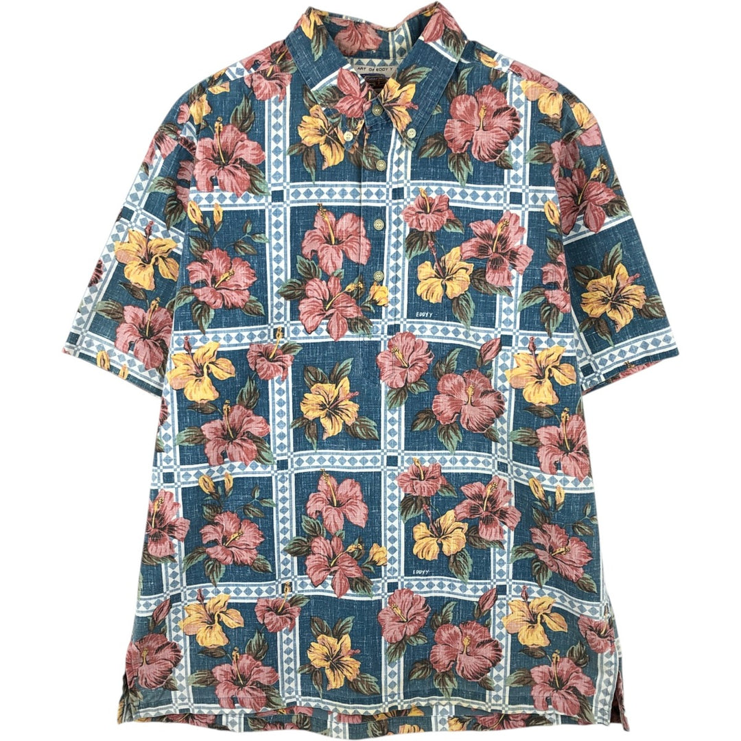 Reyn Spooner ART OF EDDY Y All-over Hibiscus Pattern Pullover Button-Down Aloha Shirt Boxy Shirt cotton navy blue type Vintage Second Hand