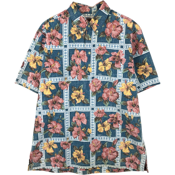 Reyn Spooner ART OF EDDY Y All-over Hibiscus Pattern Pullover Button-Down Aloha Shirt Boxy Shirt cotton navy blue type Vintage Second Hand