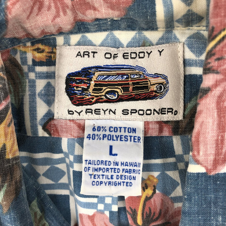Reyn Spooner ART OF EDDY Y All-over Hibiscus Pattern Pullover Button-Down Aloha Shirt Boxy Shirt cotton navy blue type Vintage Second Hand