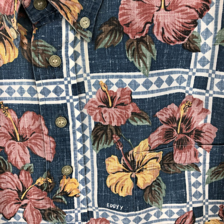 Reyn Spooner ART OF EDDY Y All-over Hibiscus Pattern Pullover Button-Down Aloha Shirt Boxy Shirt cotton navy blue type Vintage Second Hand