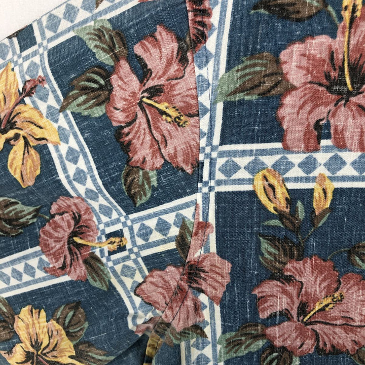 Reyn Spooner ART OF EDDY Y All-over Hibiscus Pattern Pullover Button-Down Aloha Shirt Boxy Shirt cotton navy blue type Vintage Second Hand