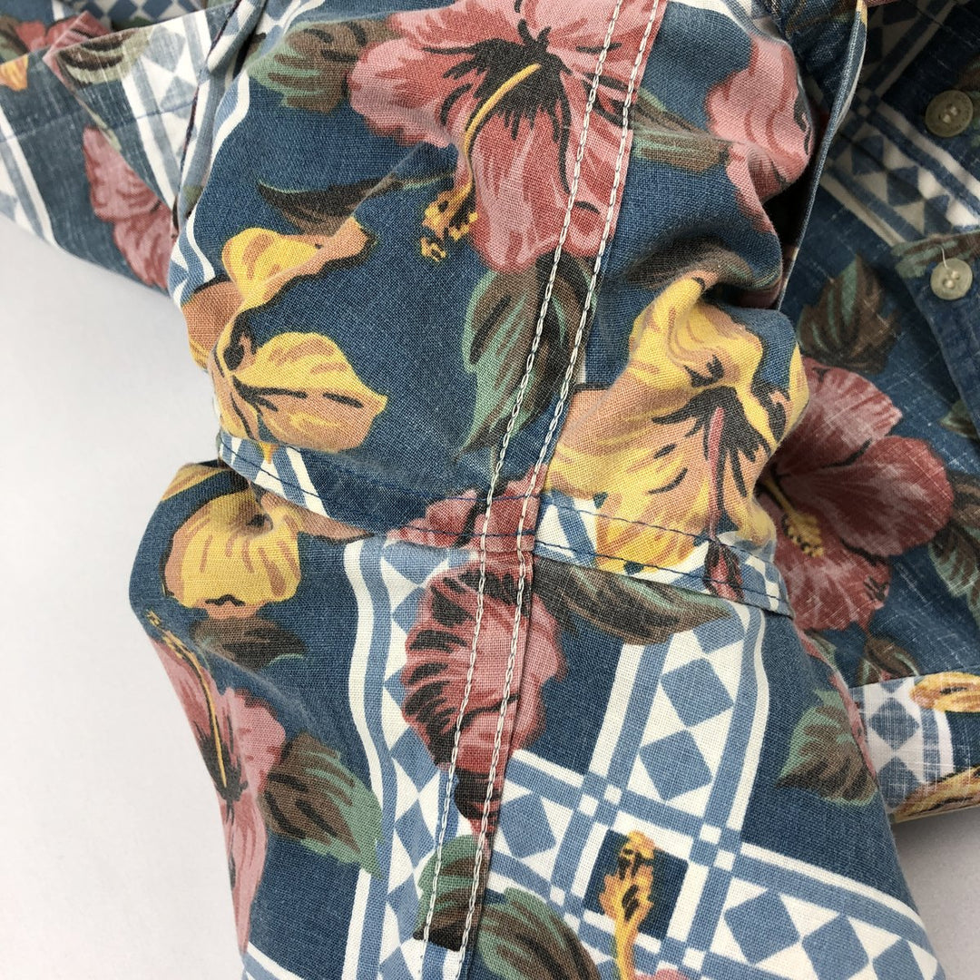 Reyn Spooner ART OF EDDY Y All-over Hibiscus Pattern Pullover Button-Down Aloha Shirt Boxy Shirt cotton navy blue type Vintage Second Hand