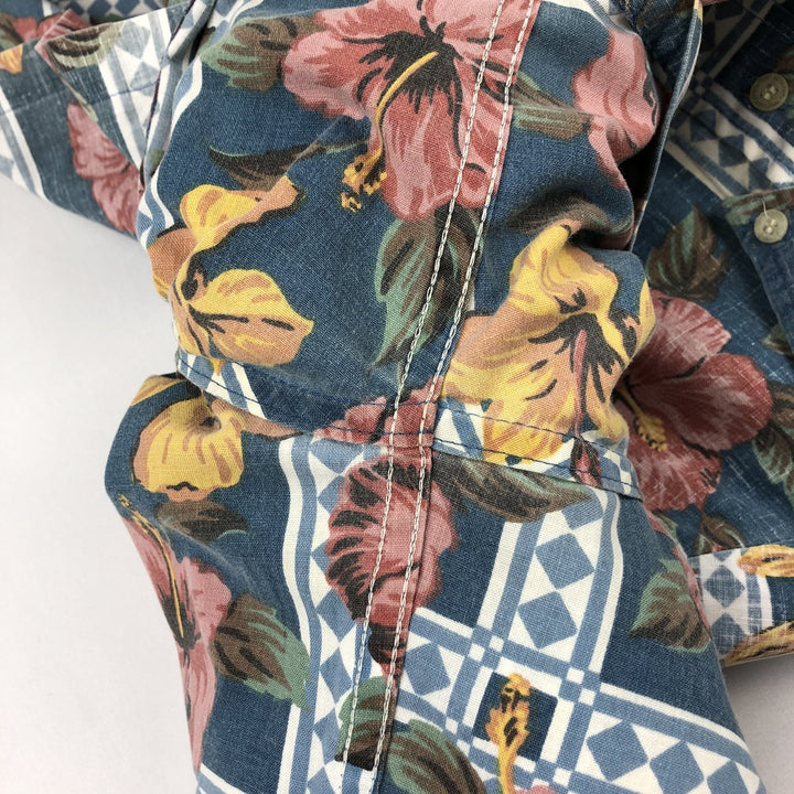 Reyn Spooner ART OF EDDY Y All-over Hibiscus Pattern Pullover Button-Down Aloha Shirt Boxy Shirt cotton navy blue type Vintage Second Hand