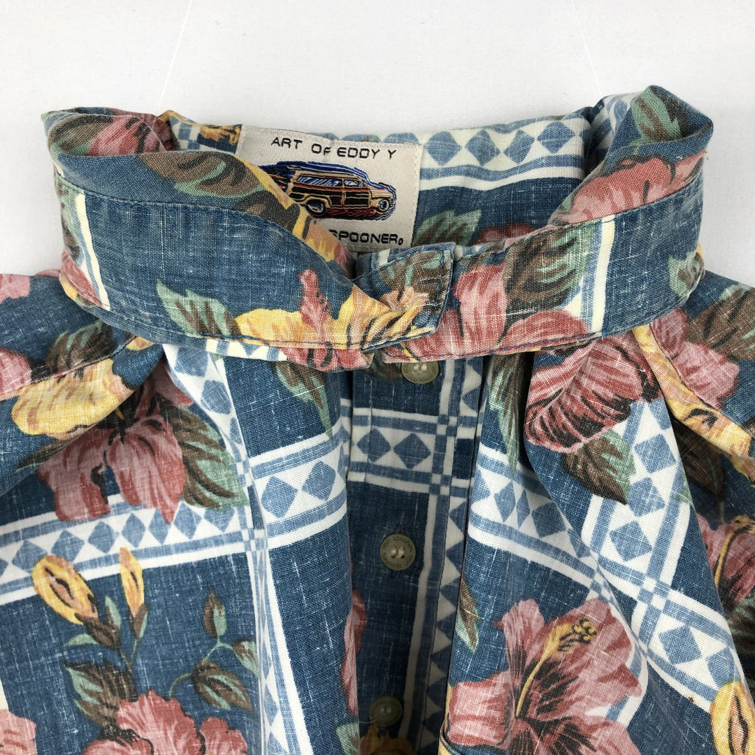 Reyn Spooner ART OF EDDY Y All-over Hibiscus Pattern Pullover Button-Down Aloha Shirt Boxy Shirt cotton navy blue type Vintage Second Hand