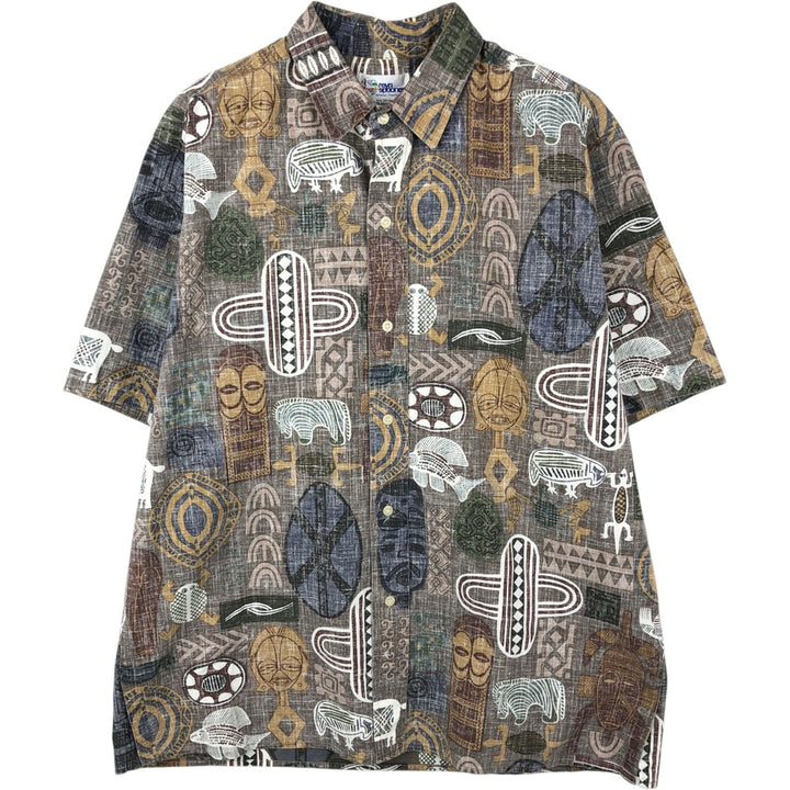 90'S Reyn Spooner swimwear tag, bikini tag, all-over print Hawaiian Aloha shirt, boxy shirt, made in Hawaii, men's size L equivalent. cotton brown type Vintage Second Hand