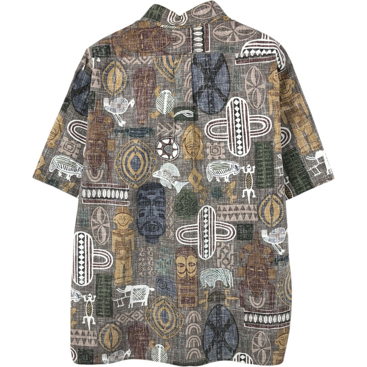90'S Reyn Spooner swimwear tag, bikini tag, all-over print Hawaiian Aloha shirt, boxy shirt, made in Hawaii, men's size L equivalent. cotton brown type Vintage Second Hand