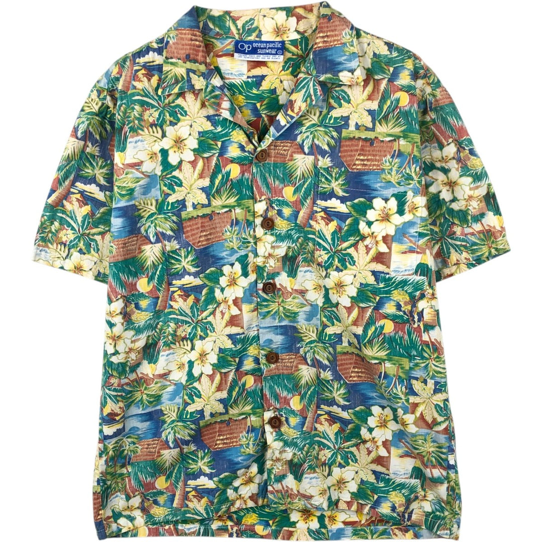 1970'S Ocean Pacific all-over print open-collar Hawaiian Aloha shirt, boxy style, men's size M equivalent, vintage. unclear green type Vintage Second Hand