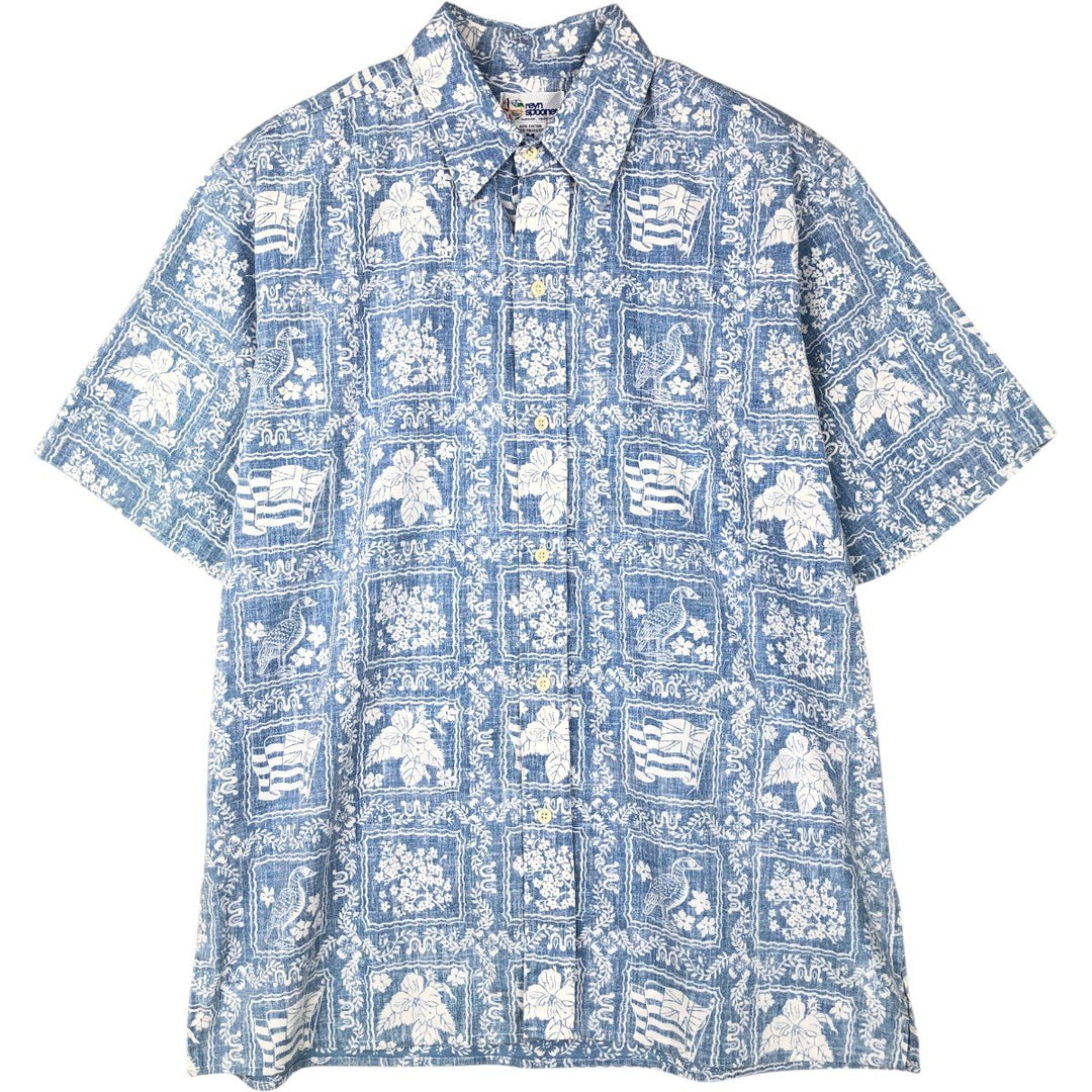 90'S Reyn Spooner swimwear tag, bikini tag, all-over print, Lahaina sailor aloha shirt, boxy shirt, men's size M equivalent. cotton Blue type light blue Vintage Second Hand