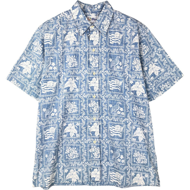 90'S Reyn Spooner swimwear tag, bikini tag, all-over print, Lahaina sailor aloha shirt, boxy shirt, men's size M equivalent. cotton Blue type light blue Vintage Second Hand