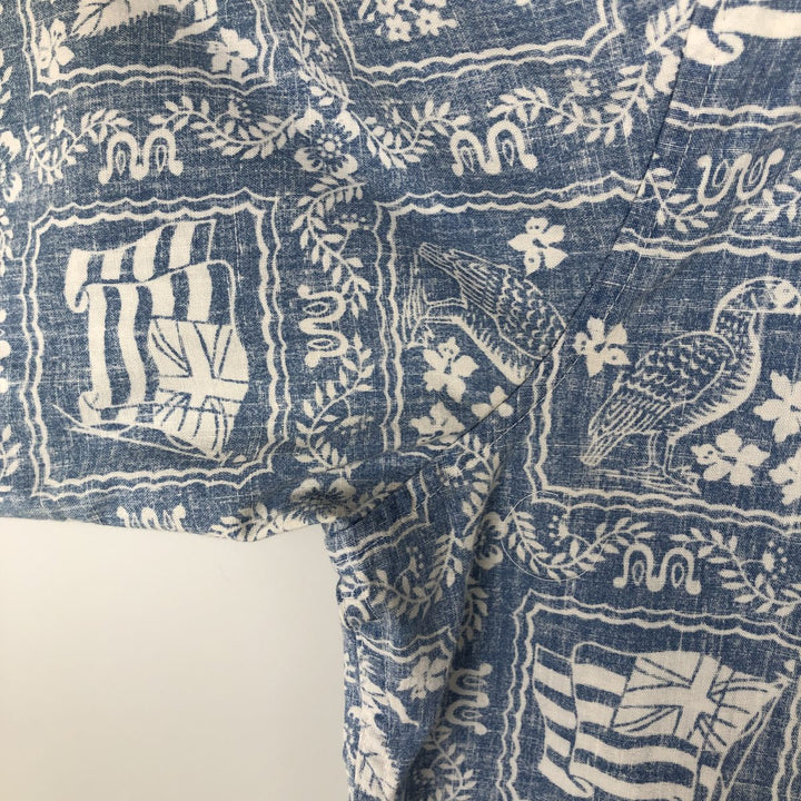90'S Reyn Spooner swimwear tag, bikini tag, all-over print, Lahaina sailor aloha shirt, boxy shirt, men's size M equivalent. cotton Blue type light blue Vintage Second Hand