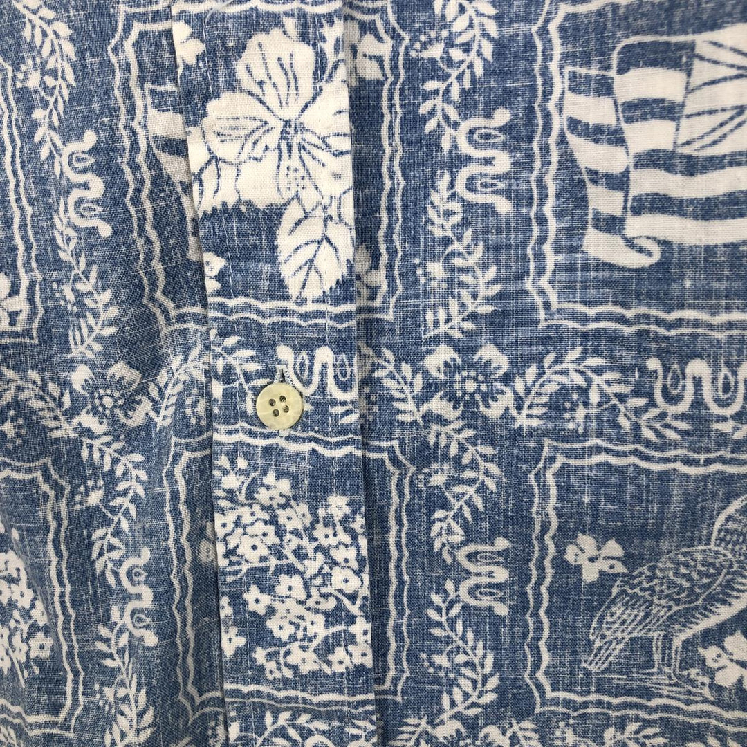 90'S Reyn Spooner swimwear tag, bikini tag, all-over print, Lahaina sailor aloha shirt, boxy shirt, men's size M equivalent. cotton Blue type light blue Vintage Second Hand