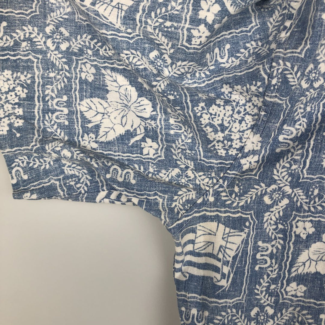 90'S Reyn Spooner swimwear tag, bikini tag, all-over print, Lahaina sailor aloha shirt, boxy shirt, men's size M equivalent. cotton Blue type light blue Vintage Second Hand